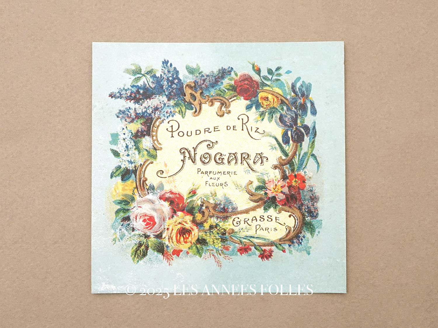 画像1: アンティーク パウダーボックスのラベル POUDRE DE RIZ PARFUMERIE AUX FLEURS - NOGARA GRASSE PARIS - (1)