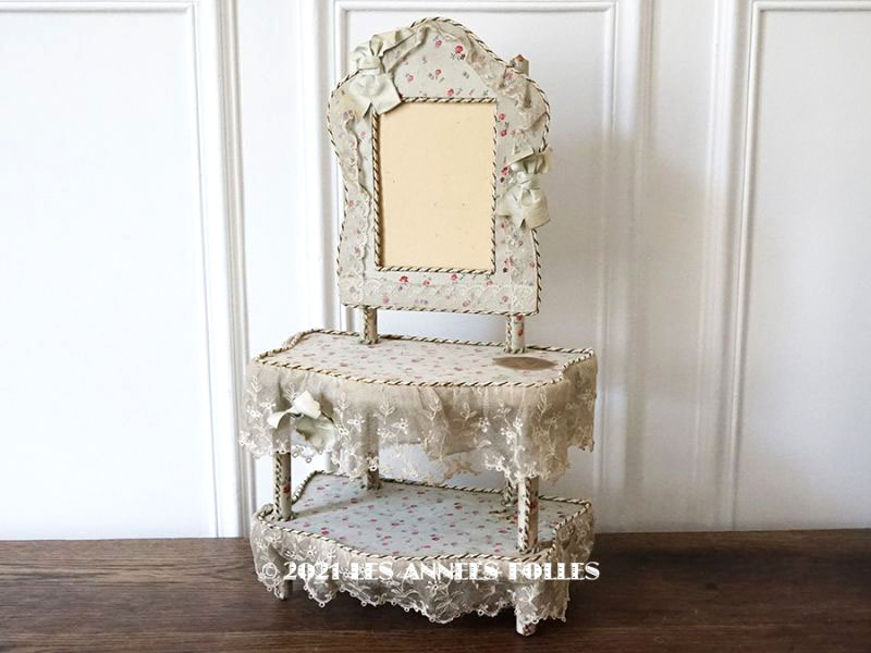 画像1: 1900年頃 カルトナージュラック コワフーズ 鏡台 小さな薔薇模様 子供用の玩具  (1)