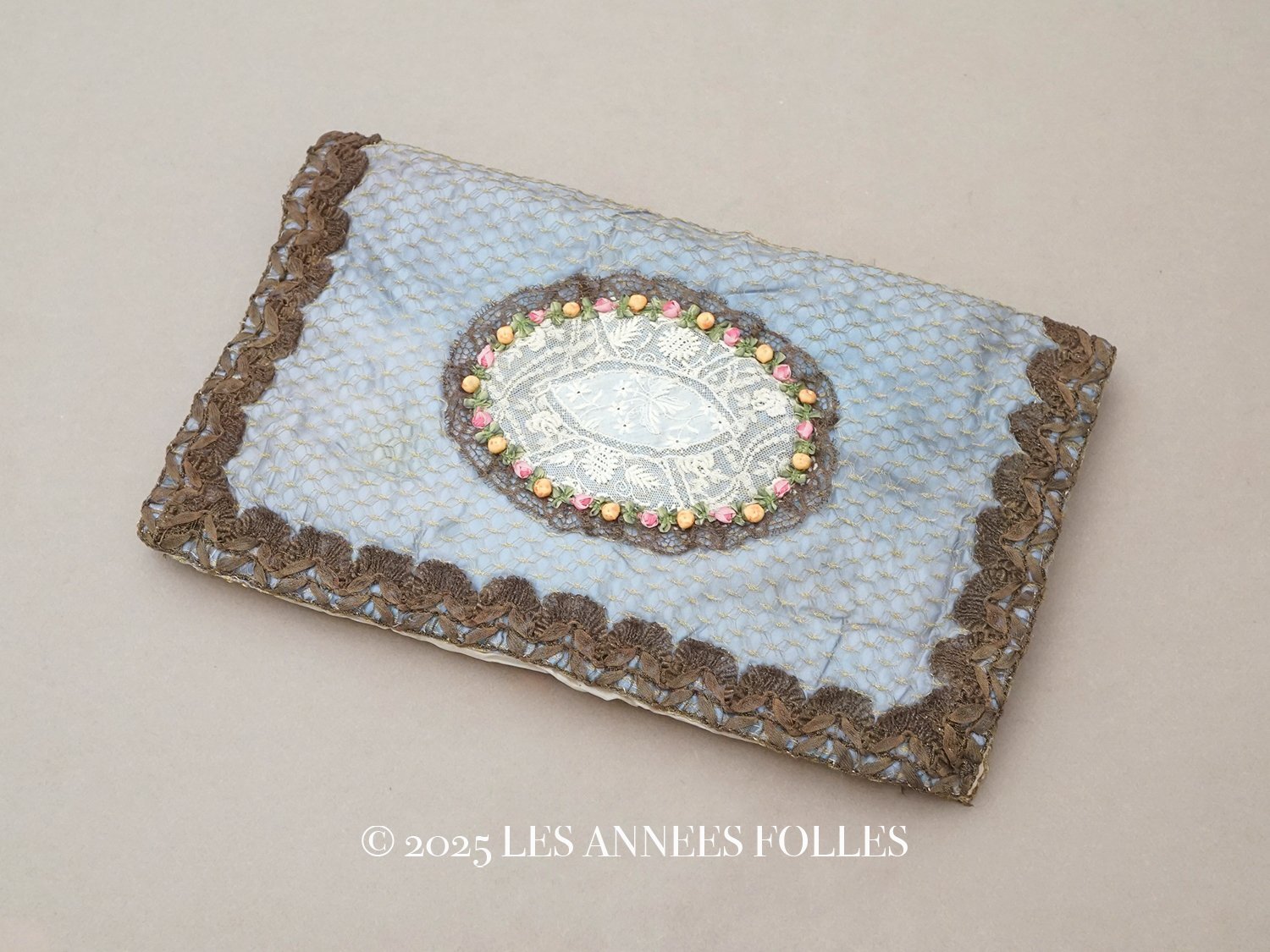 画像1: アンティーク シルク製 ポシェット ロココトリム＆レース ハンキーケース (1)