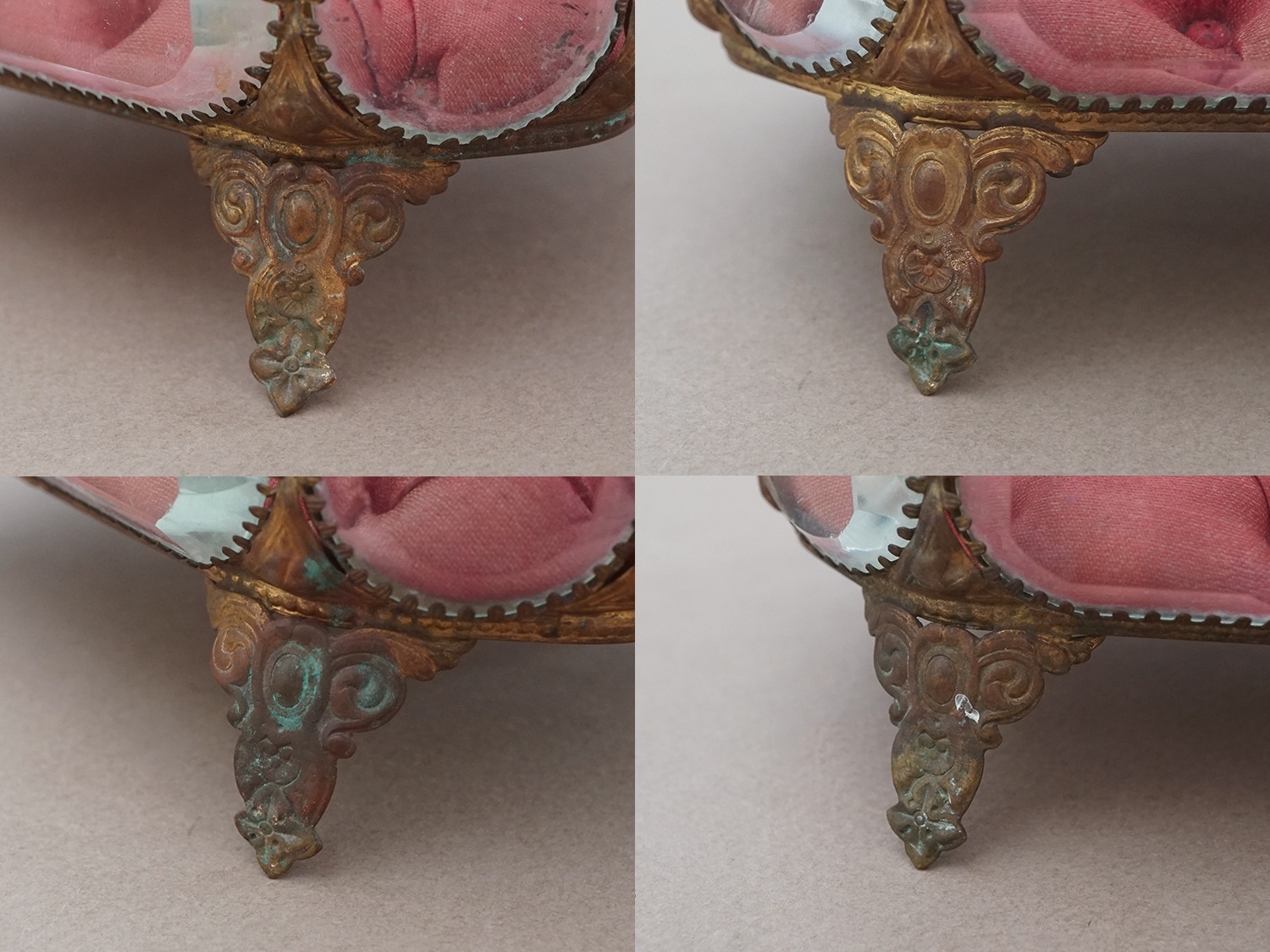 画像13: 19世紀 アンティーク オクトゴナル 大きなジュエリーボックス 八角形 ワイン色のシルク製クッション (13)