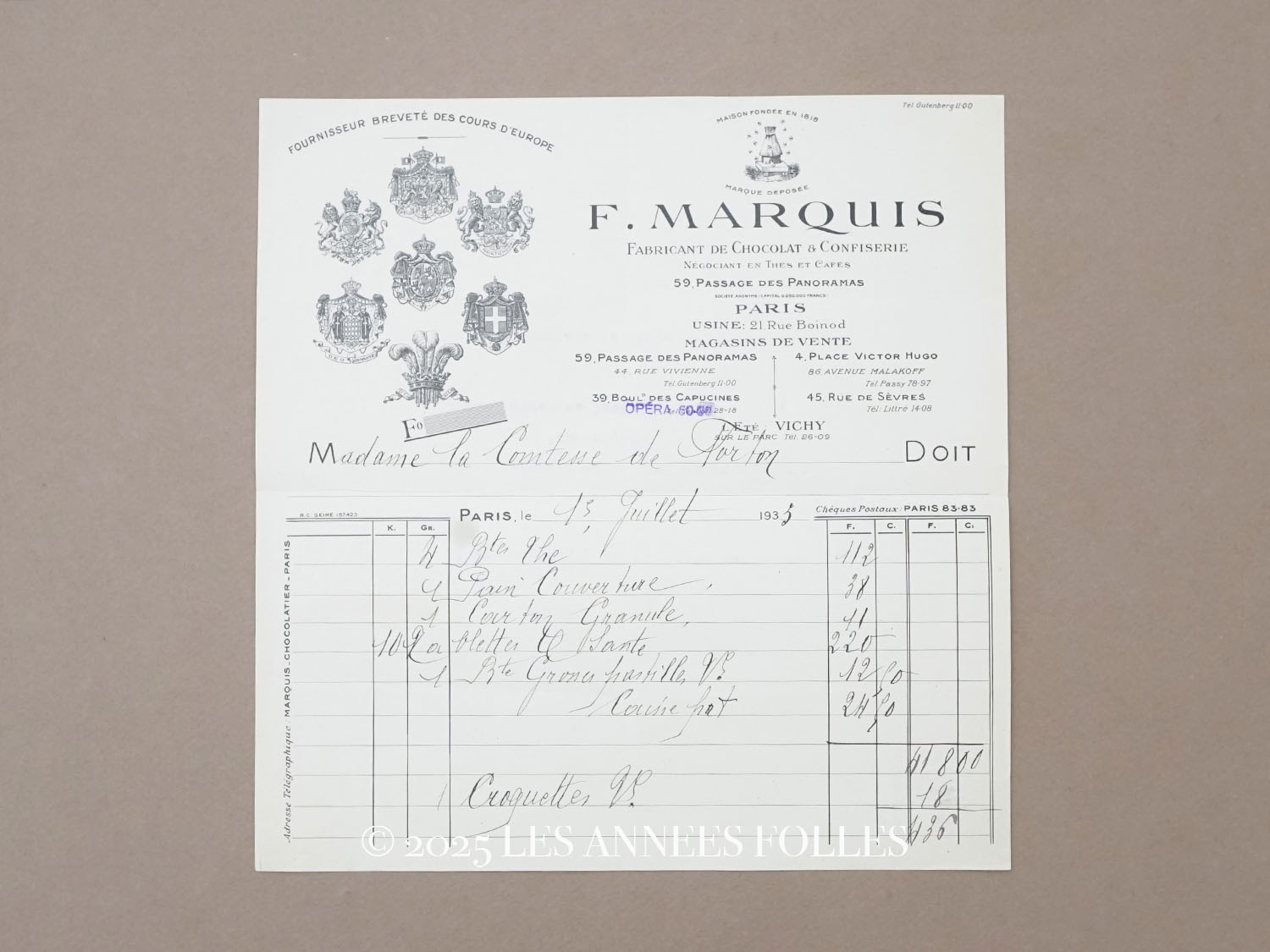 画像1: 1935年 アンティーク 『ショコラ・フランソワ・マルキ』の請求書  - CHOCOLAT FRANCOIS MARQUIS PARIS - (1)