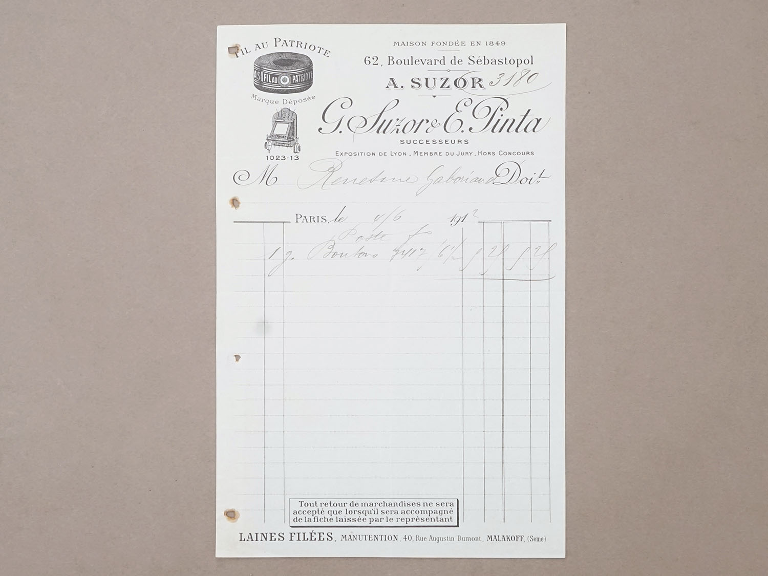 画像2: 1912年 アンティーク シルク糸メーカー A.SUZOR G.SUZOR & E.PINTA の請求書  (2)