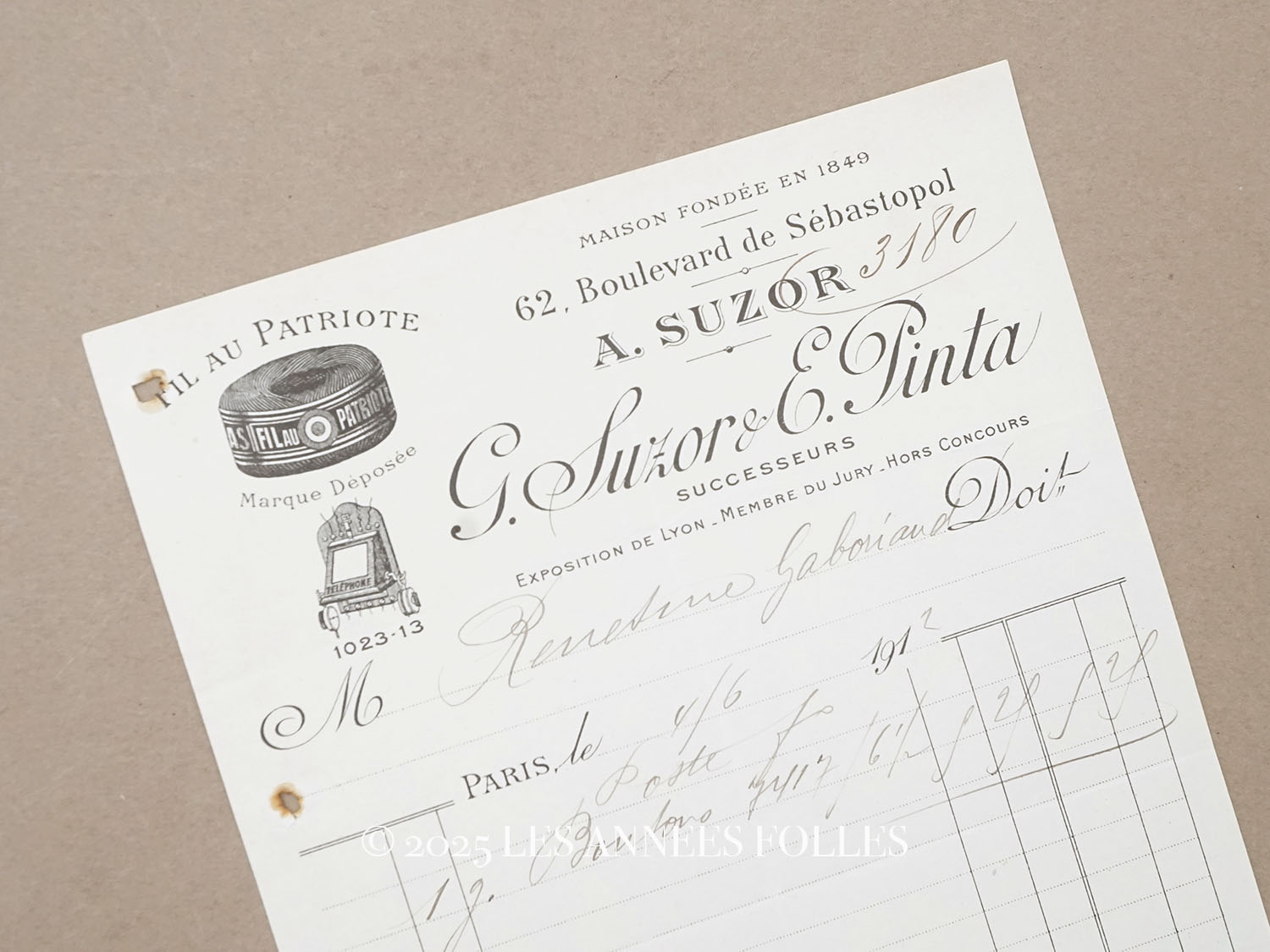 画像1: 1912年 アンティーク シルク糸メーカー A.SUZOR G.SUZOR & E.PINTA の請求書  (1)