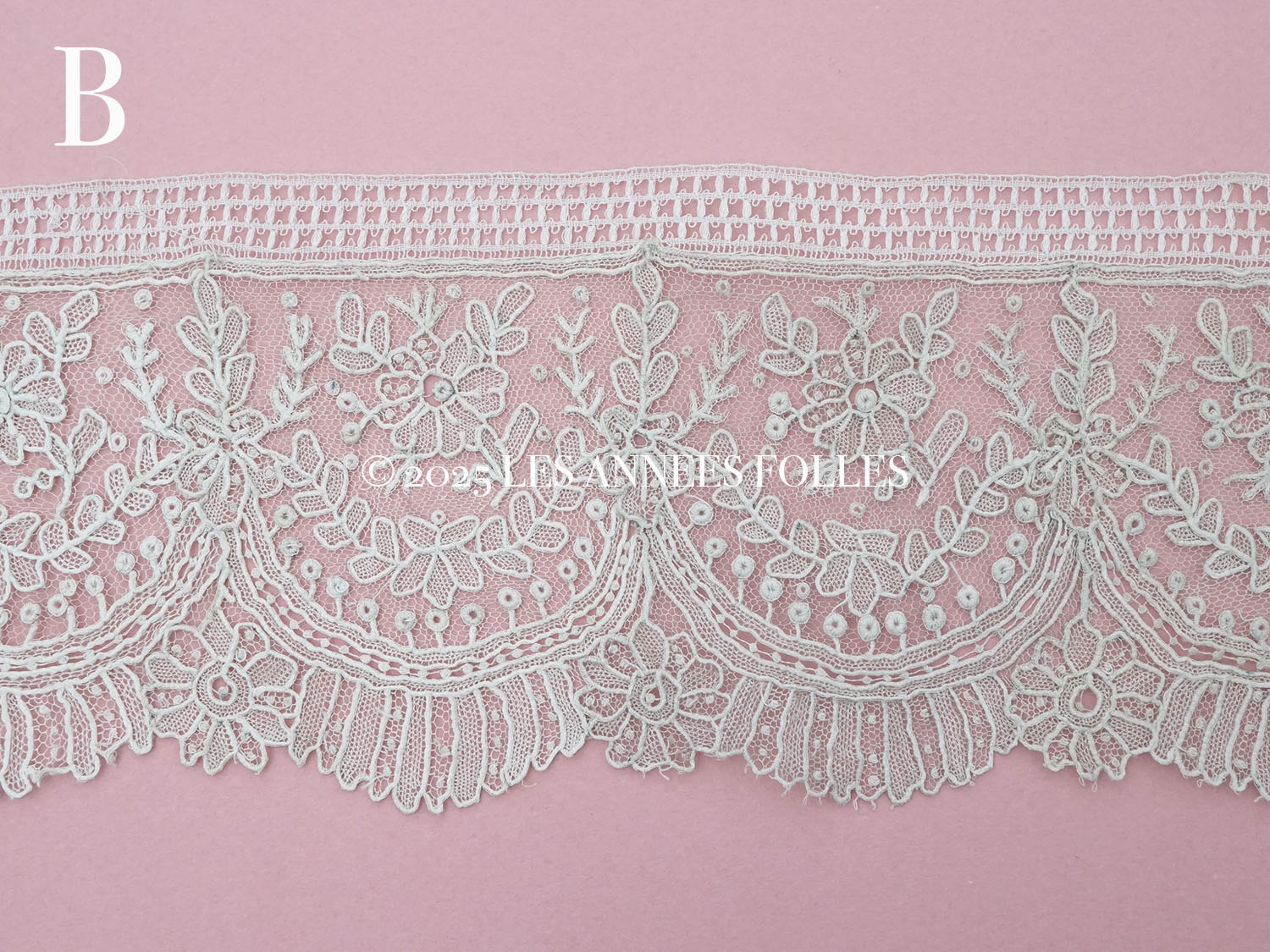 画像12: 19世紀末 アンティーク ポワンドガーズのボーダー ニードルレース  3.8m 8cm幅 花とリーフのガーランド 【ポワン・ド・ガーズ】  (12)