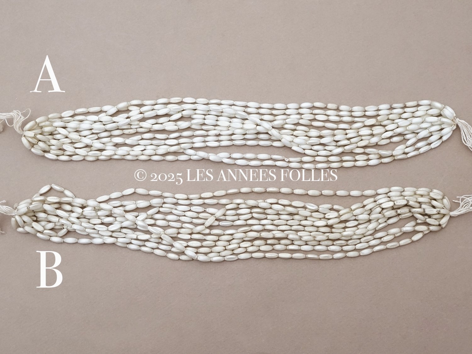 画像3:  アンティーク スフレビーズ マーキス型 ライン入り ホワイトシルバー  4×9mm  約390ピース 吹きガラス製 ビーズ (3)