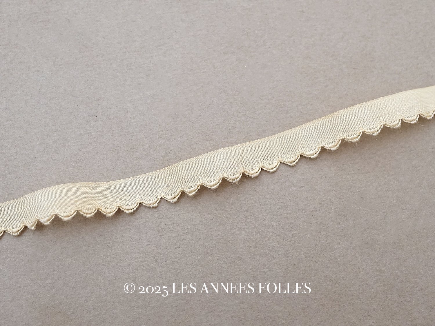画像1: アンティーク スカラップトリム 刺繍入り ライトベージュ 1.7m 1cm幅  (1)