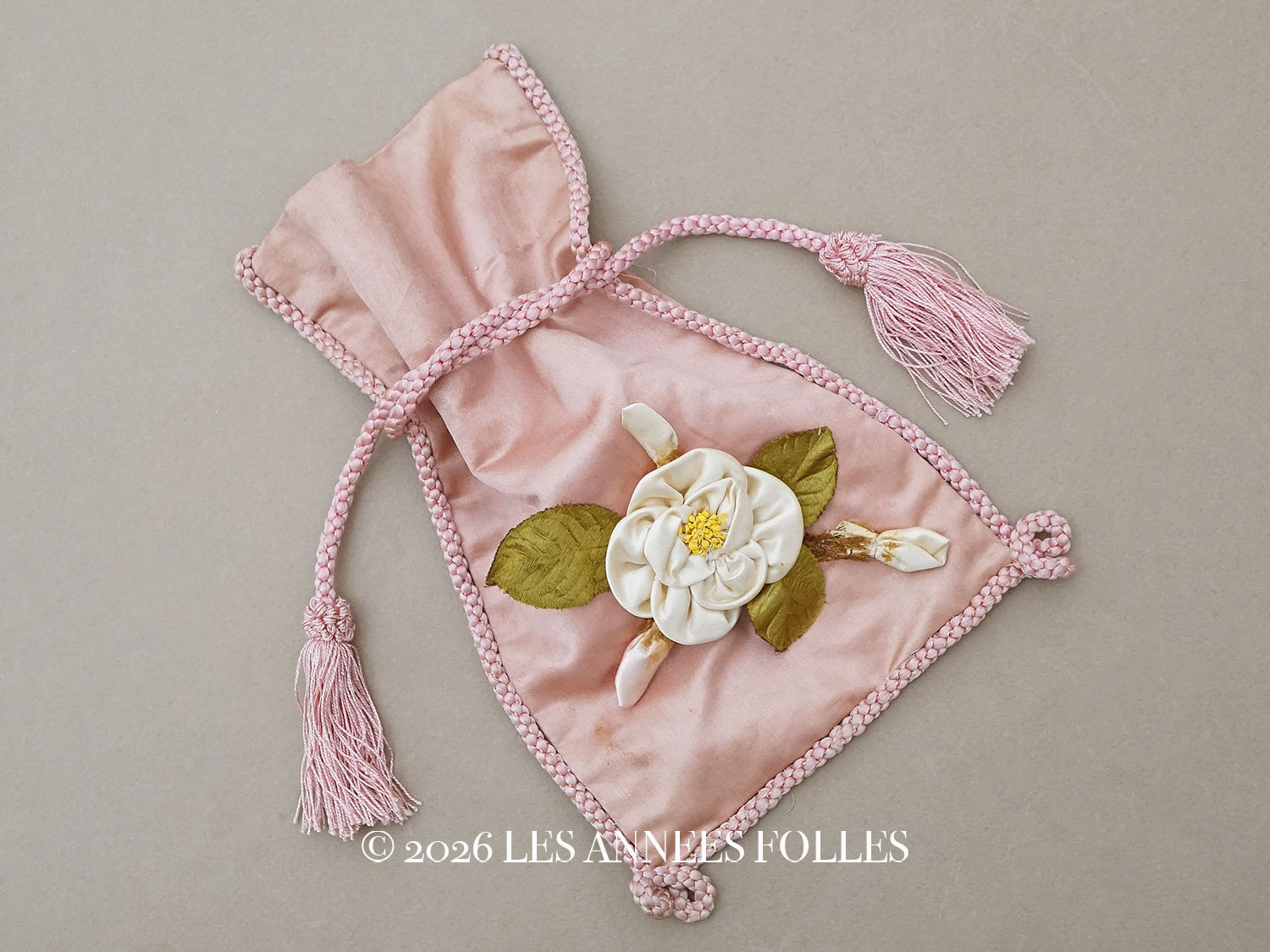 画像1: アンティーク ロココモチーフ付 シルク製 お菓子袋 オモニエール オールドローズ  (1)