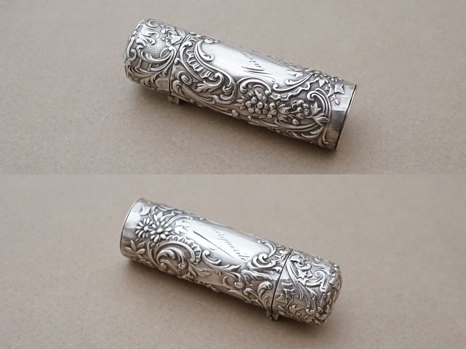 画像3:  アンティーク シルバー製 携帯用 パフュームボトル クリスタルの栓 ロカイユ装飾 花模様 MARQUERITE (3)