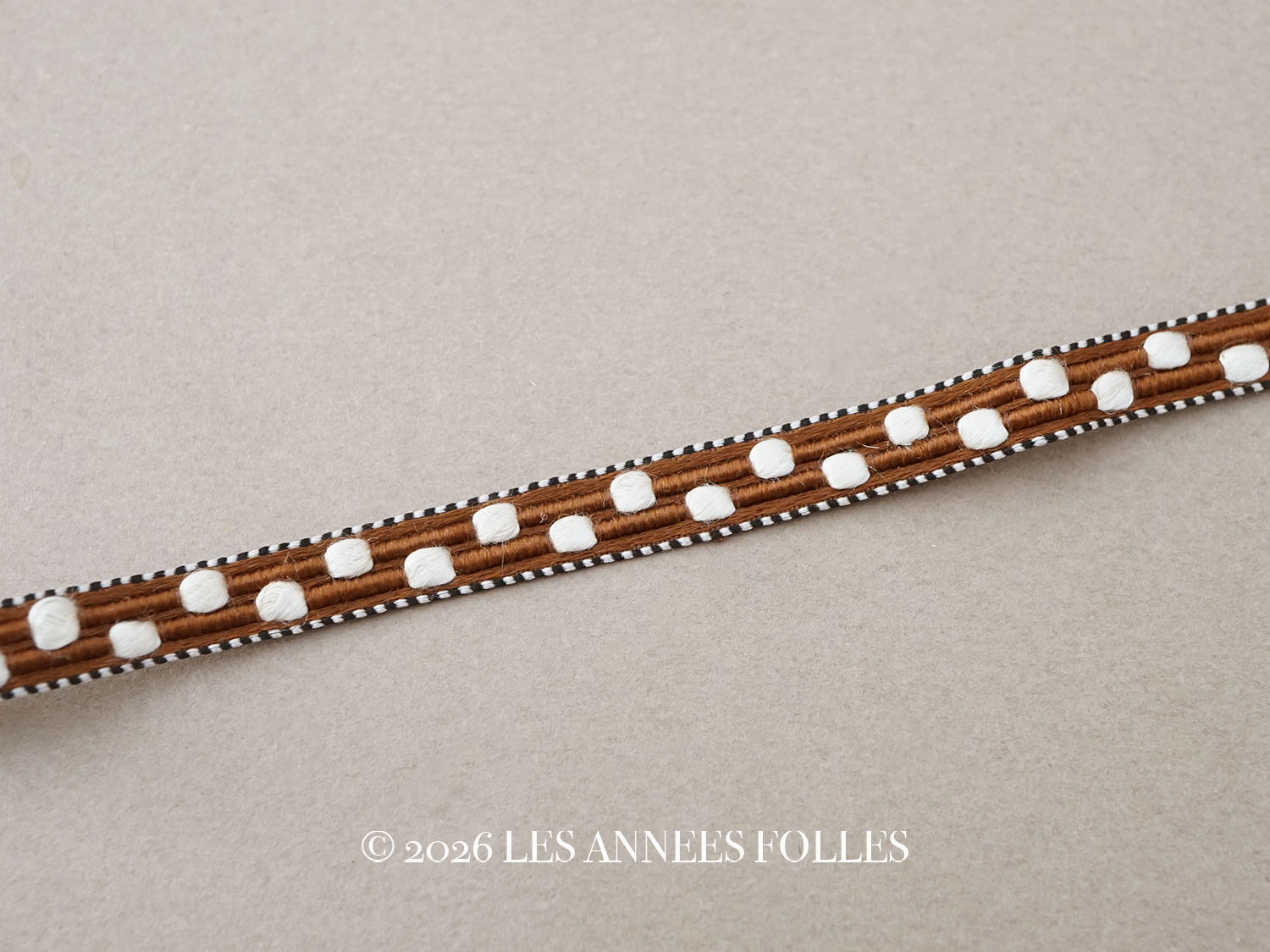 画像1: アンティーク トリム ドット刺繍  ホワイト＆ブラウン&黒  8mm幅 1.65m  (1)