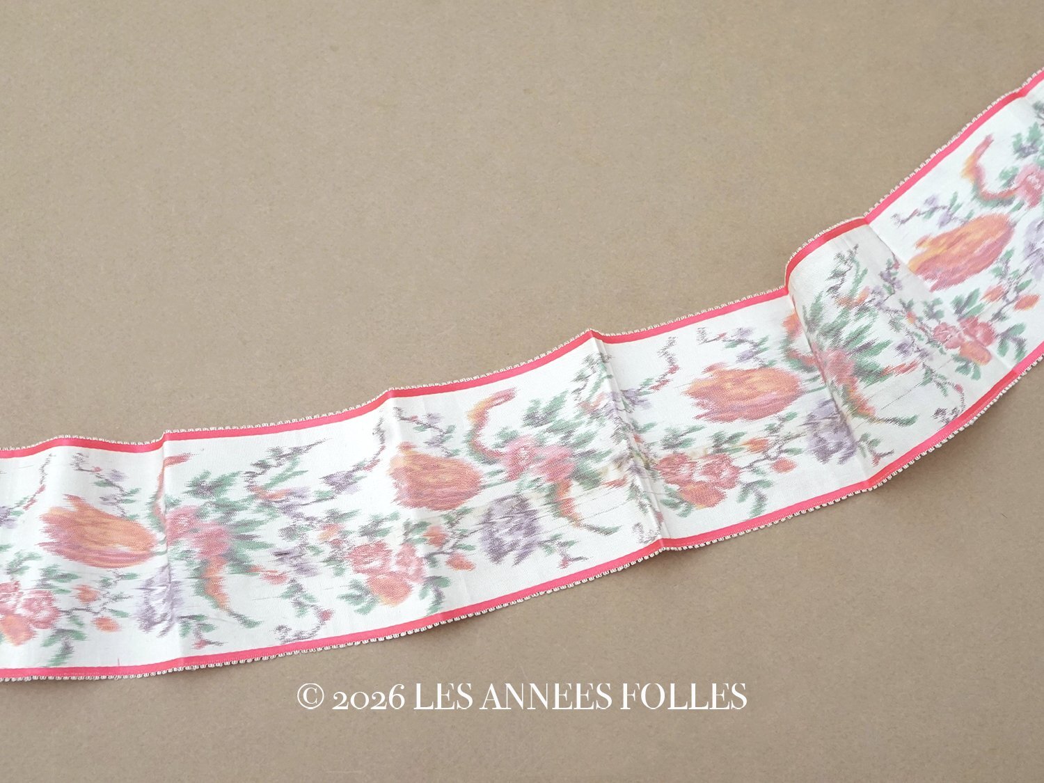 画像1: 19世紀 アンティーク シルク製 リボン ほぐし織り 78cm 幅6.7cm (1)