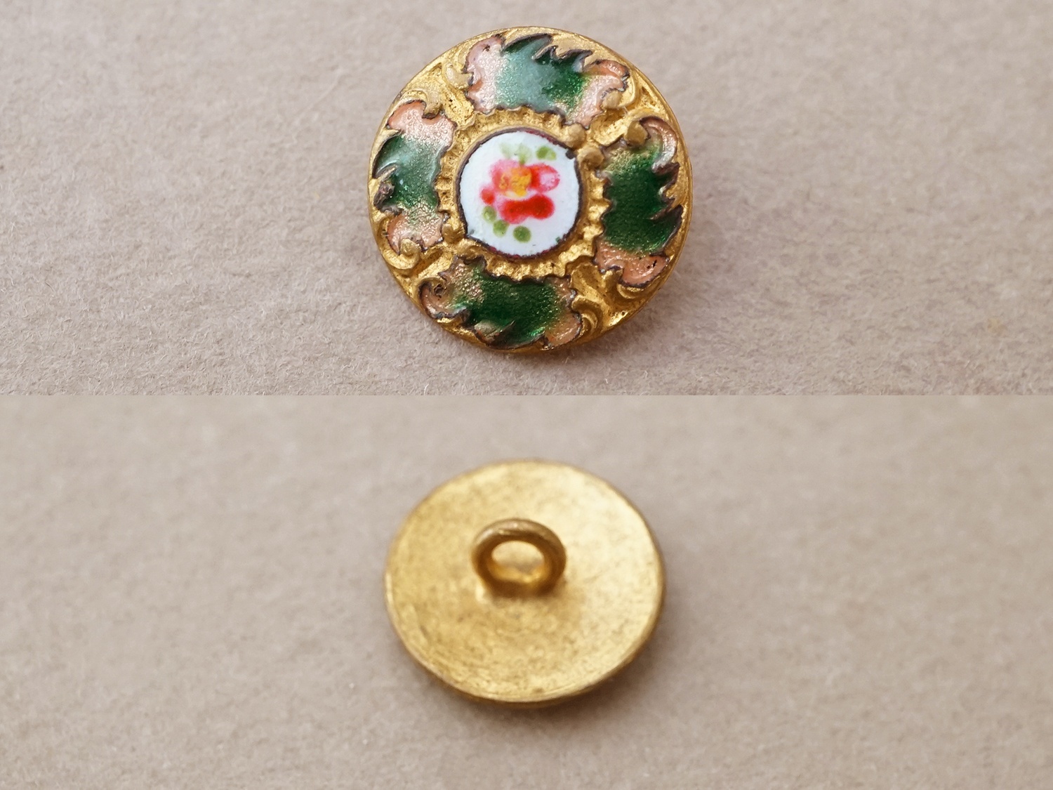 画像2: アンティーク エナメルボタン 薔薇 ハンドペイント グリーン & ゴールドレリーフ 13mm (2)