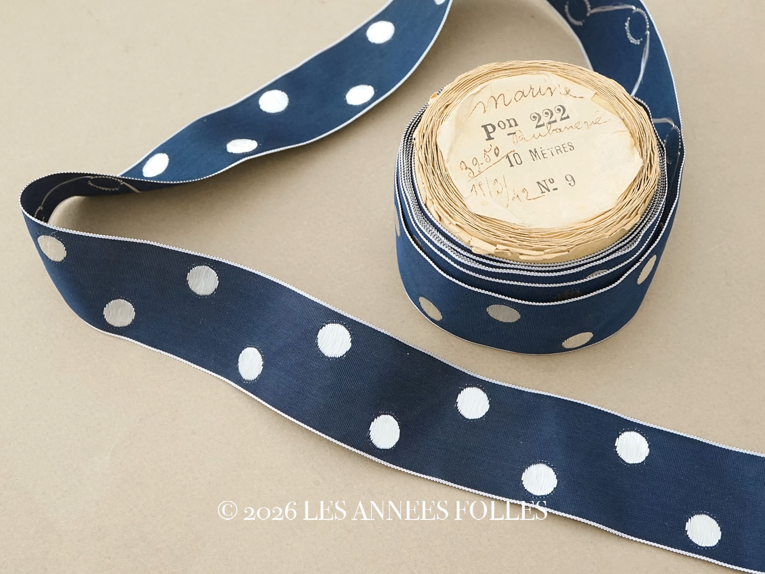 画像1: アンティーク ドット刺繍入りグログランリボン 7.1m 3.6cm幅 ネイビーブルー & ホワイト PON 222 N 9 (1)