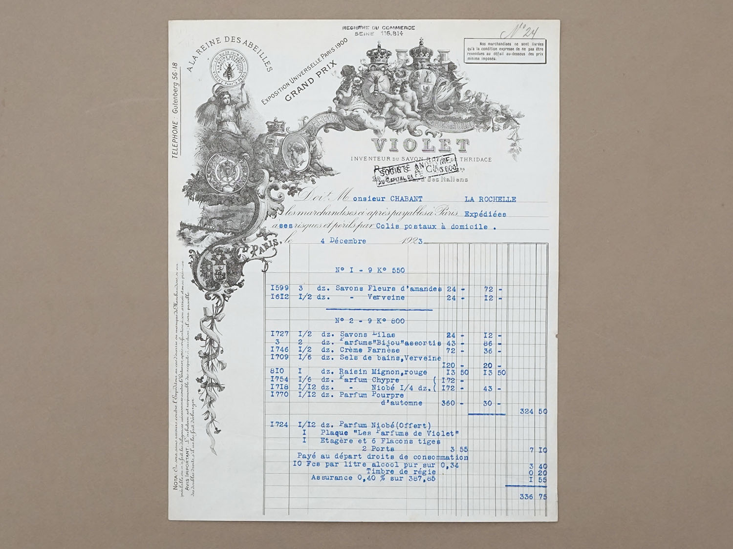 画像2: 1923年 アンティーク パフュームリー VIOLET の請求書  天使＆女王蜂 - VIOLET PARIS - (2)