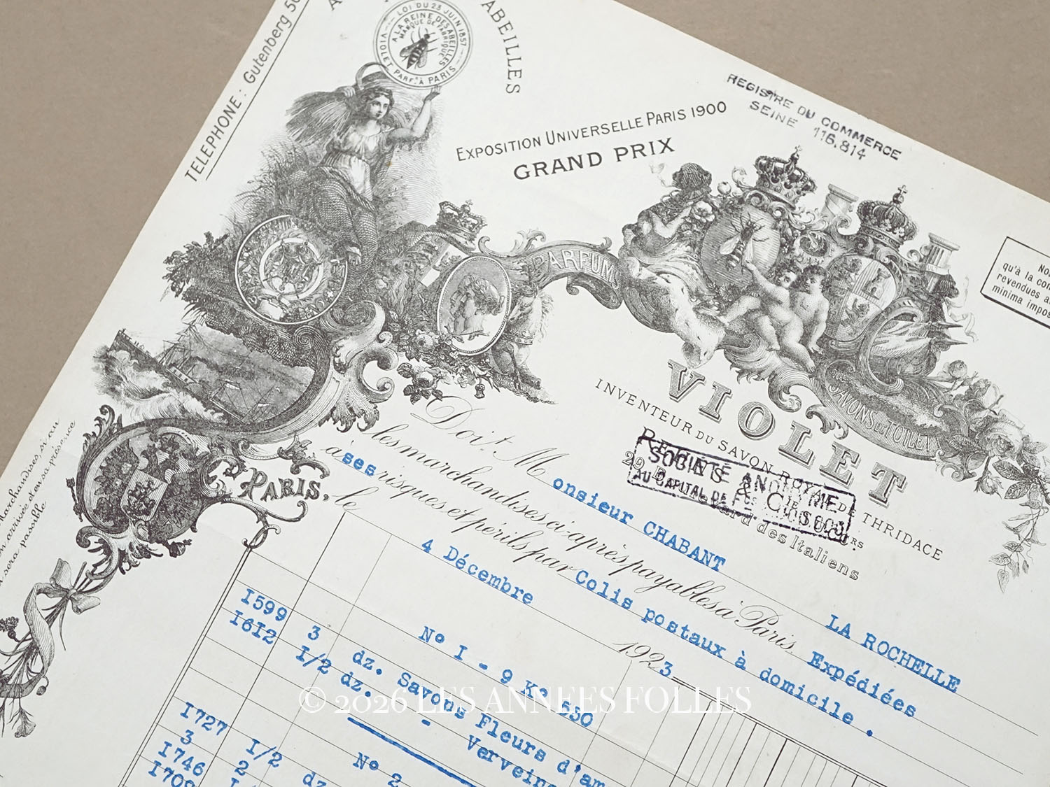 画像1: 1923年 アンティーク パフュームリー VIOLET の請求書  天使＆女王蜂 - VIOLET PARIS - (1)