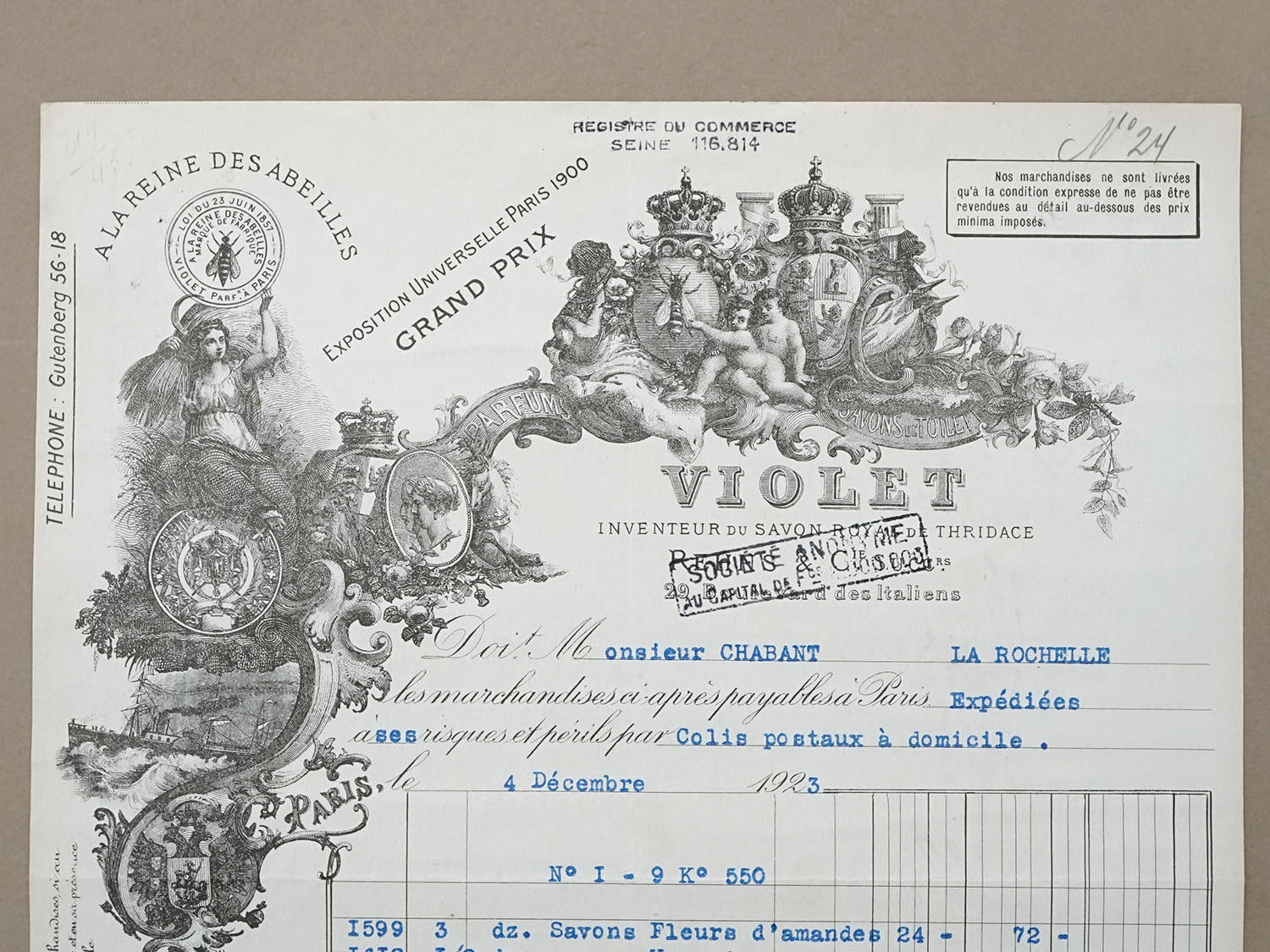 画像3: 1923年 アンティーク パフュームリー VIOLET の請求書  天使＆女王蜂 - VIOLET PARIS - (3)